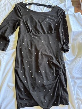 Express Black Long Sleeve Sheath Dress with Gold Dot Accents